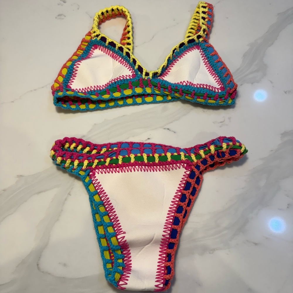 Reversible White Bikini with Multi Color Crochet Elastic Trim